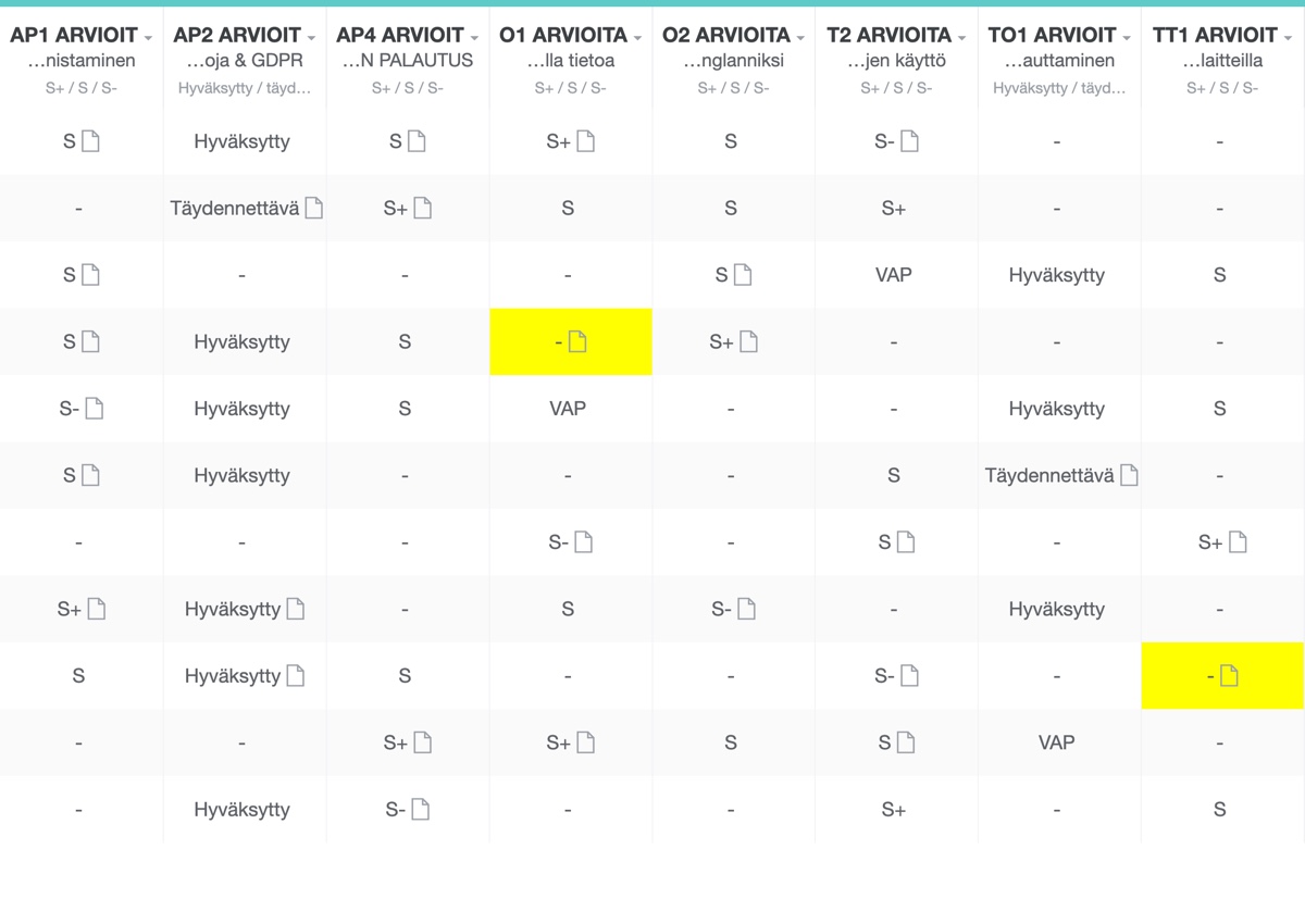Havainnekuva itslearningin arviointimatriisista keltaisilla korostuksilla